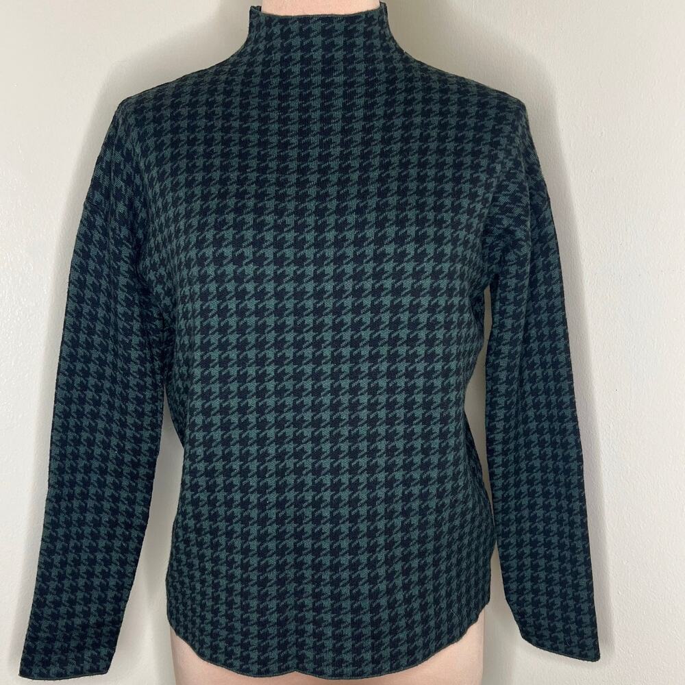Tahari Sweater Small Womens Green Black Houndstooth Mock Neck Ponte Knit Winter